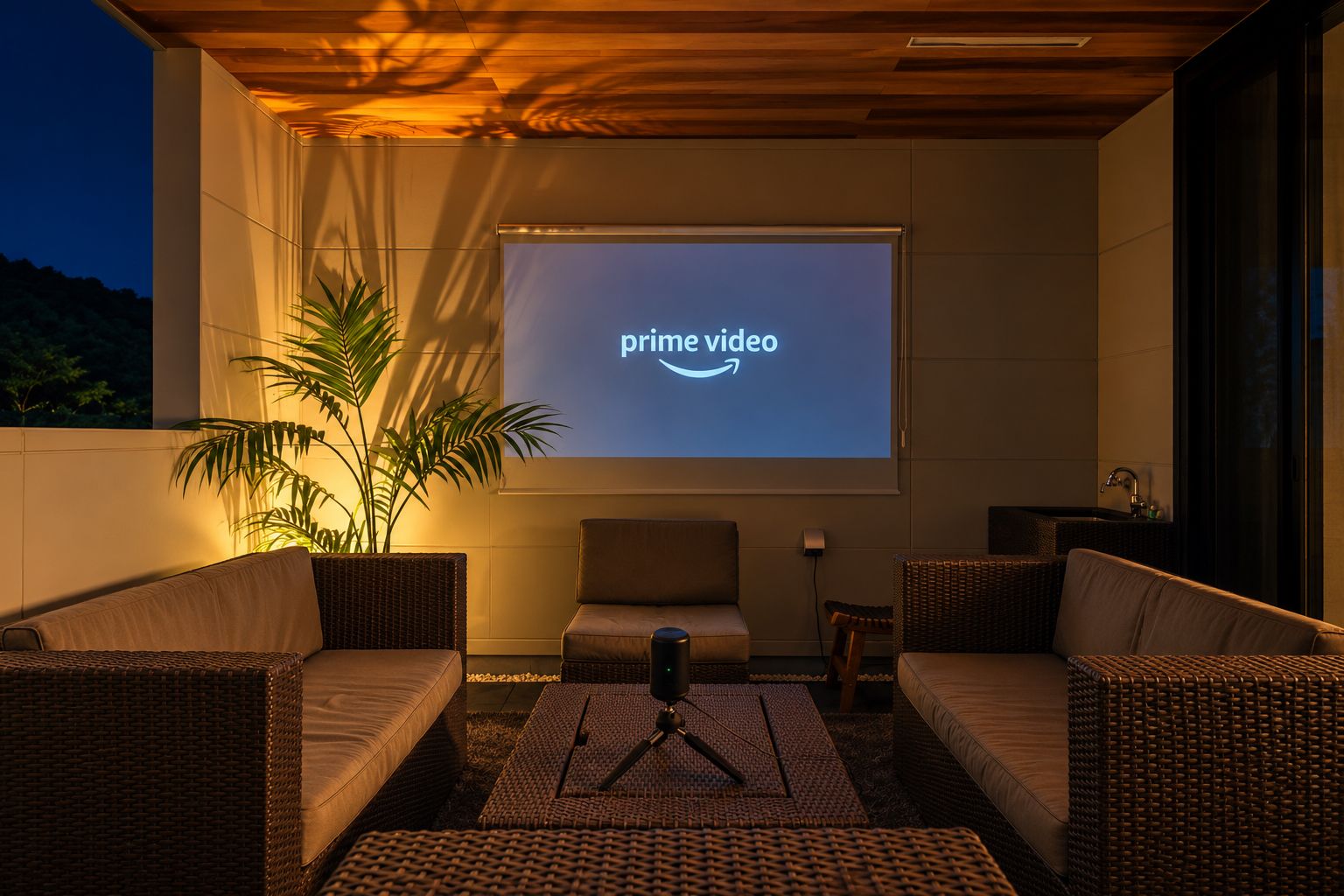 Un espace extérieur accueillant, aménagé avec des meubles en osier, un écran de projection diffusant du contenu « Prime Video » et une plante en pot.
