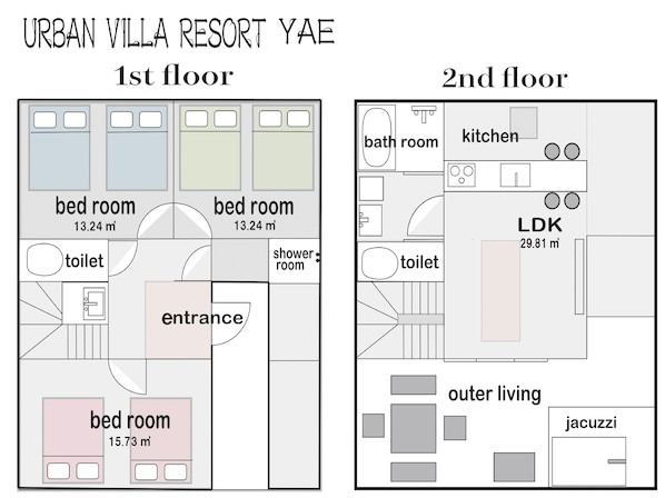A floor plan of the Urban Villa Resort Yae, including 1st and 2nd floors. The 1st floor has two 13.24 m² bedrooms, a 15.73 m² bedroom, an entrance, and a shower room. The 2nd floor features a bathroom, kitchen, LDK, outer living, and a jacuzzi. - TOTONOI Villa YAE (Motobu)