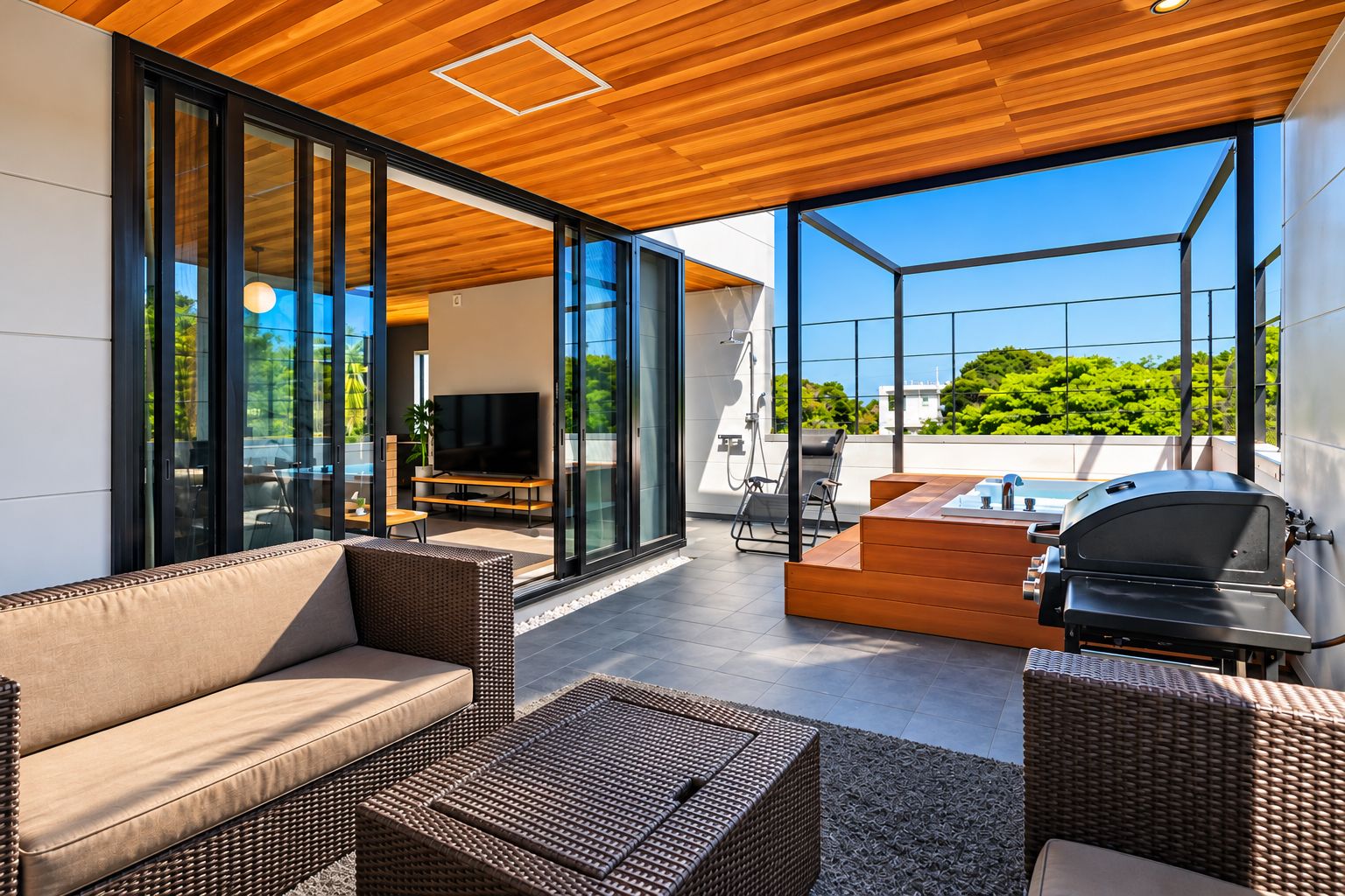 Un área exterior moderna con sofá, sillas, una parrilla y un televisor.