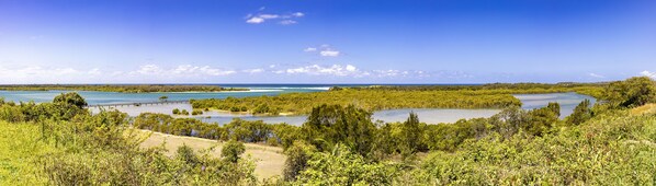 A coastal landscape with dense greenery, a clear sky, and a distant view of the ocean. - Studio on Morgo Street (Urunga)