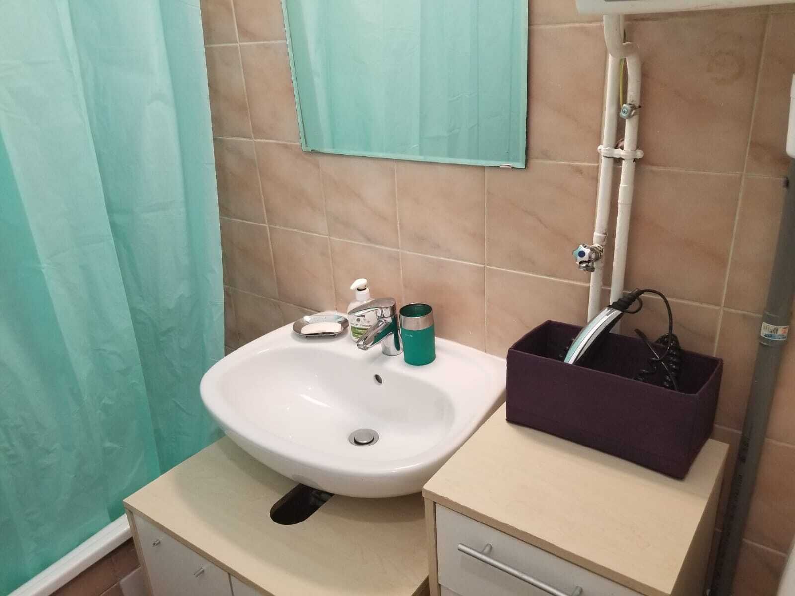 A bathroom with a white sink, a green soap dispenser, and a purple storage box.
