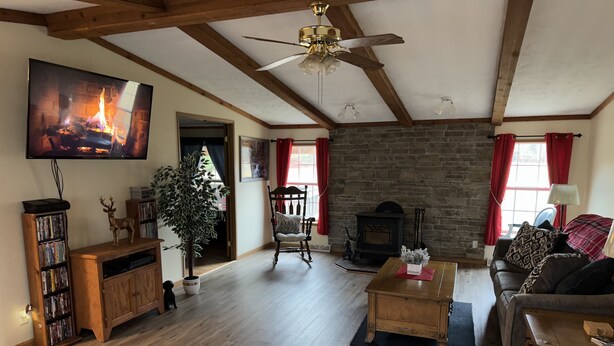 A cozy living room with a fireplace, wooden beams, a television, and a bookshelf. - King size bedroom/ Outdoor fire pit, Game Room. Cozy getaway cottage (Cairo)