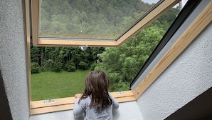 A child looking out of a skylight window at a green landscape. - Fewo 7 - Hauptmann (Todtnau)