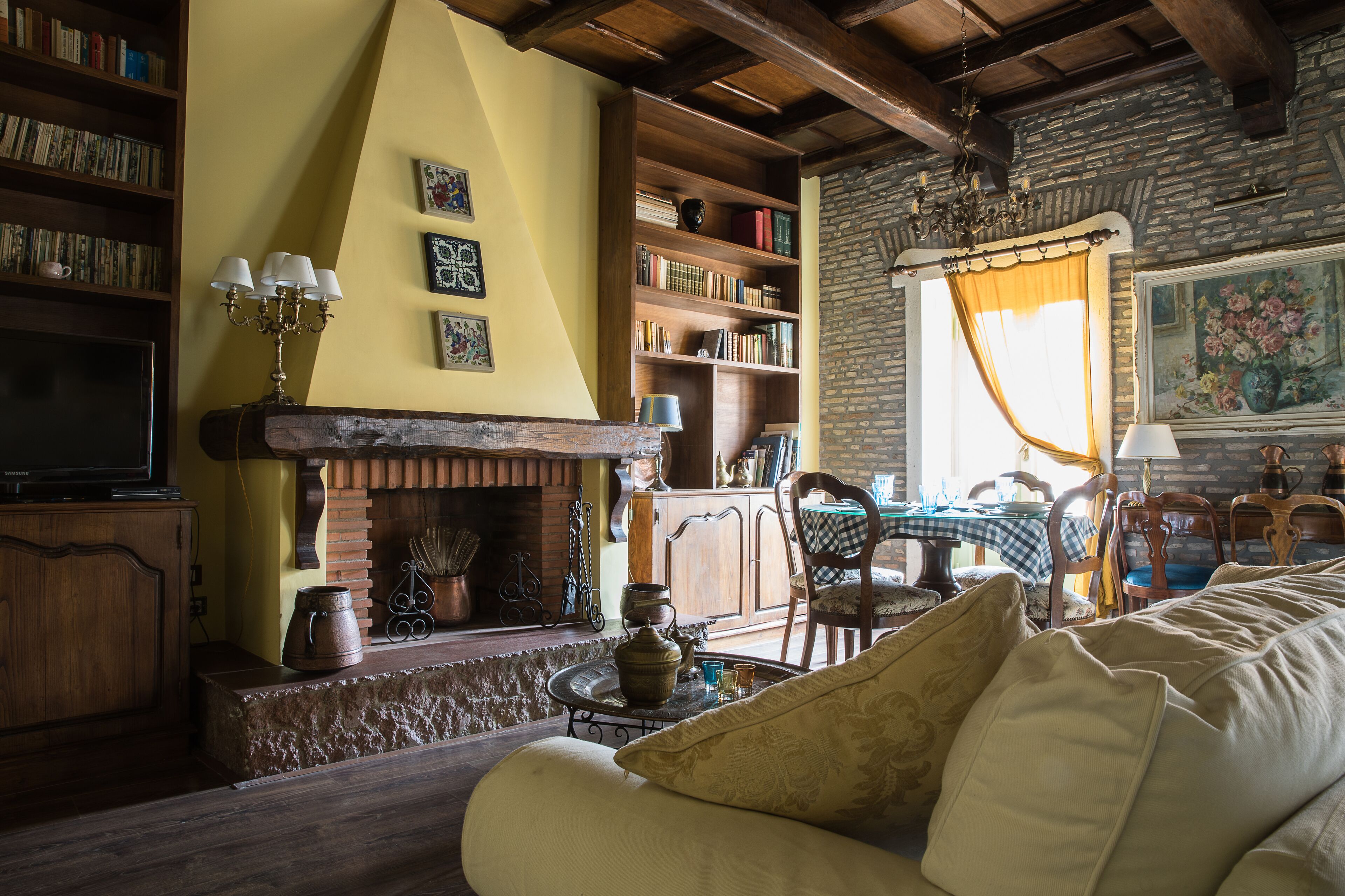 TV, fireplace, books