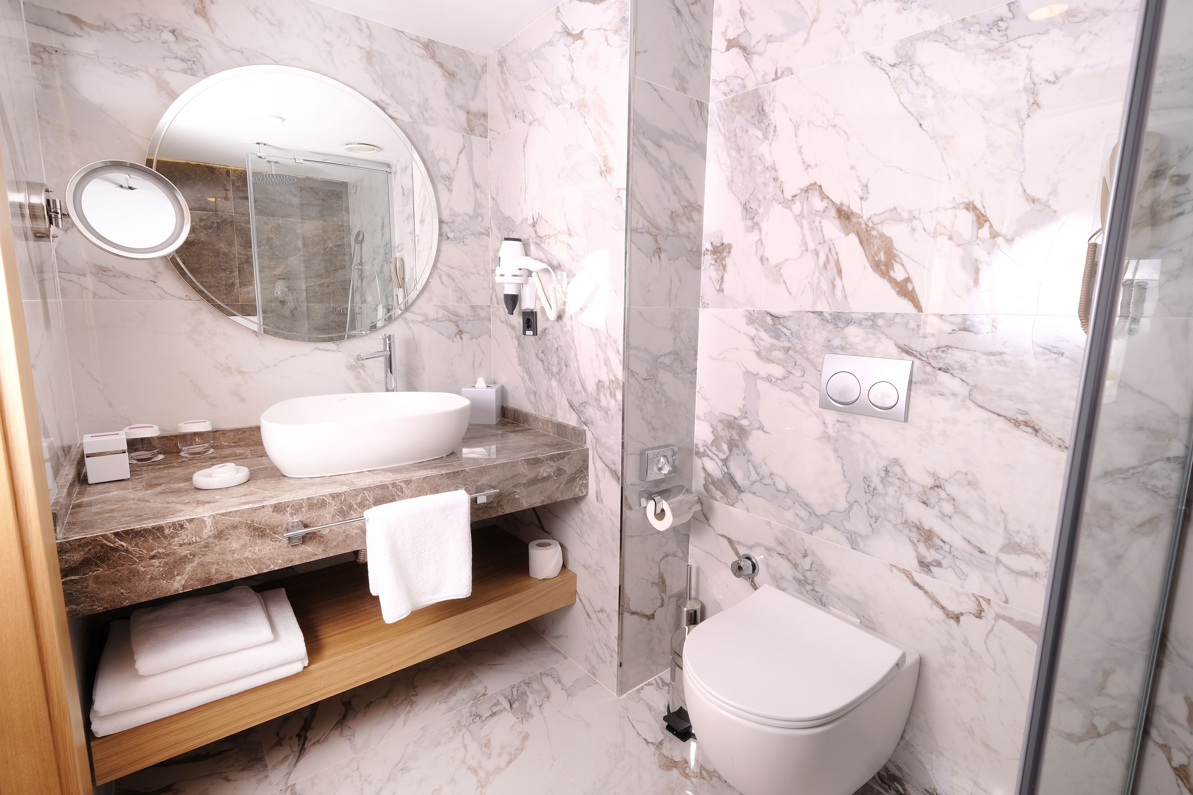 shower, rainfall showerhead, hair dryer, slippers