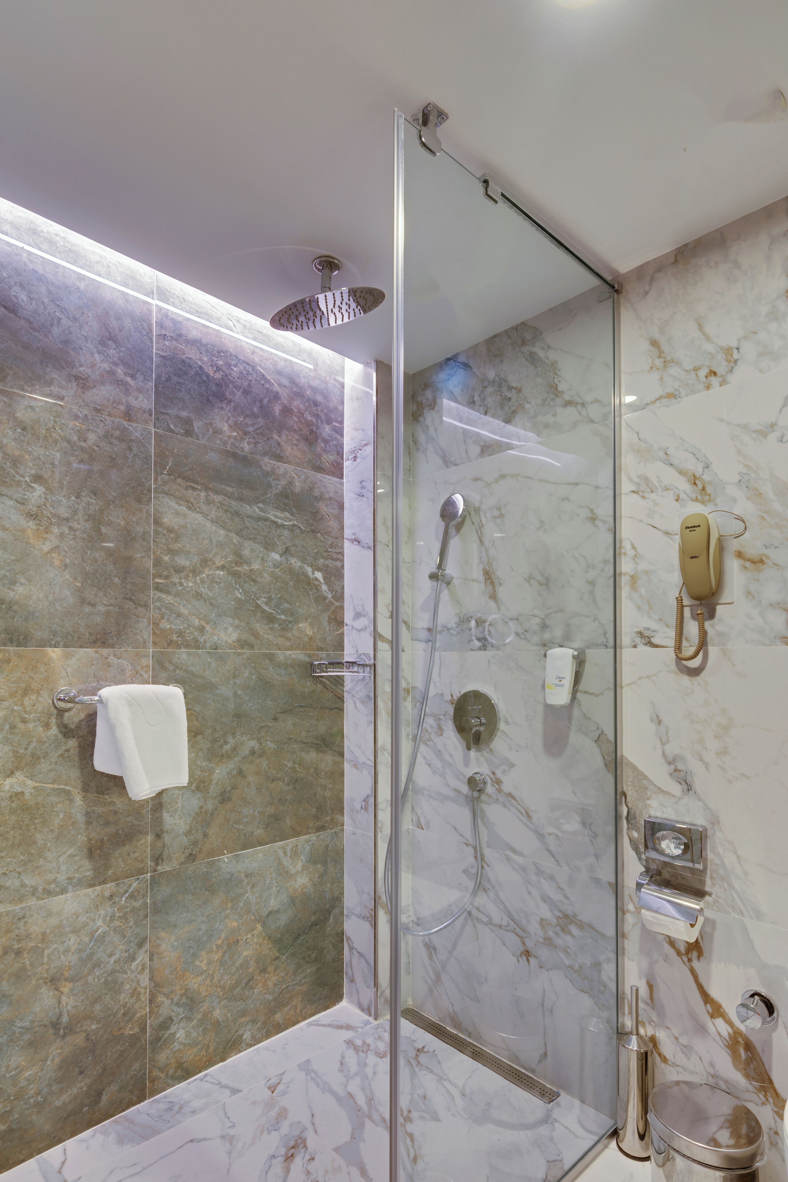 Shower, rainfall showerhead, hair dryer, slippers