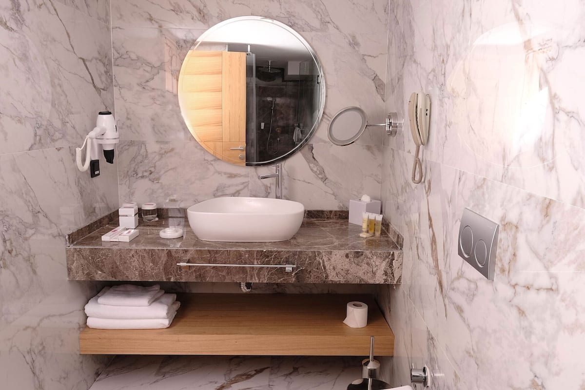 shower, rainfall showerhead, hair dryer, slippers