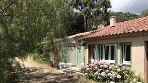 A house with a tiled roof, a green door, and a garden with purple flowers. - Bord de Plage (Le Lavandou)