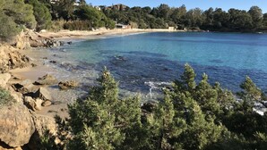 A coastal landscape with clear blue water, rocky shoreline, and dense greenery. - Bord de Plage (Le Lavandou)