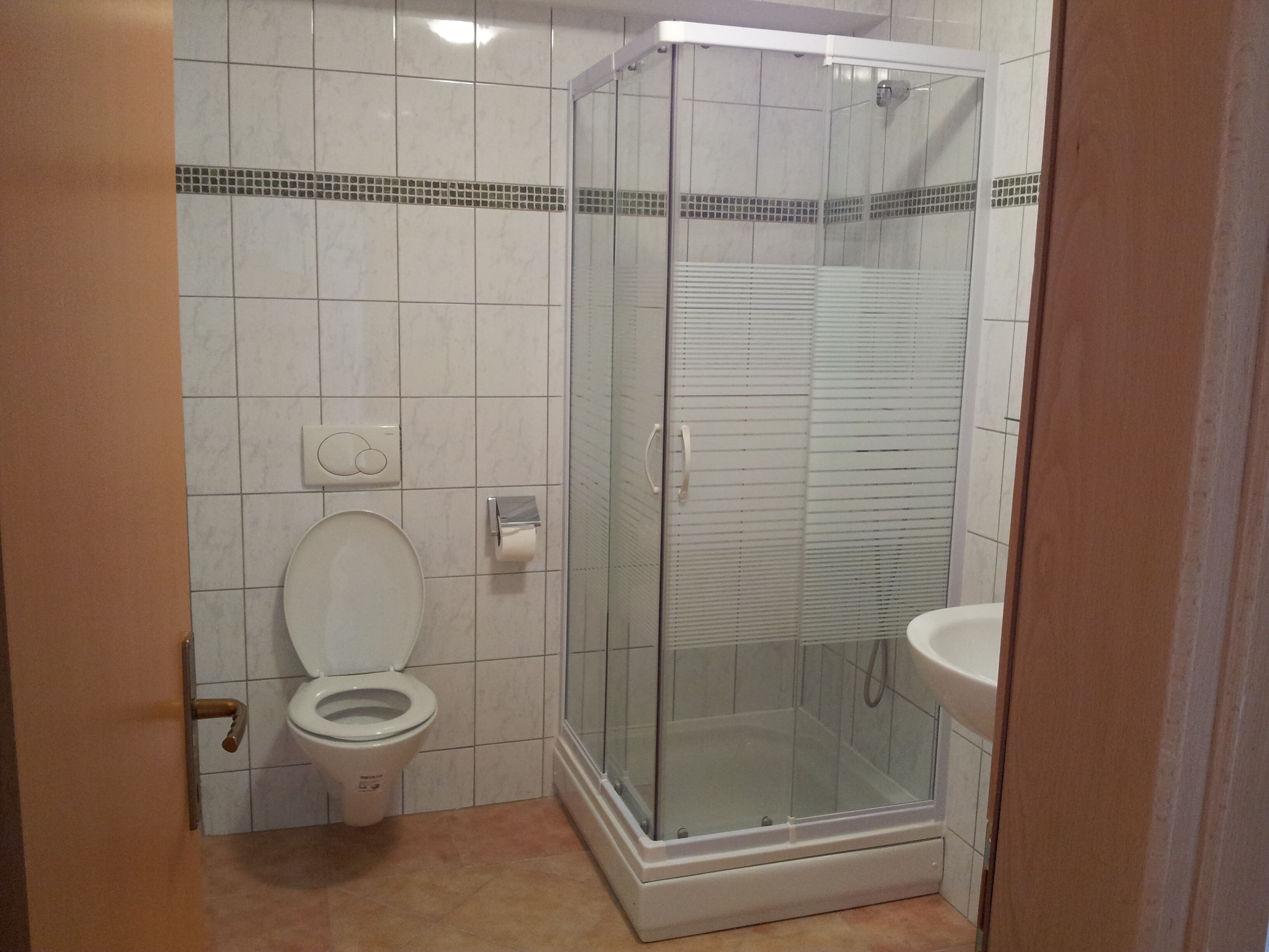 A bathroom with a toilet, a glass-enclosed shower, and a sink.