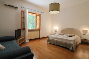 A bedroom with a bed, a TV, a window with curtains, a ceiling fan, and a bedside lamp.