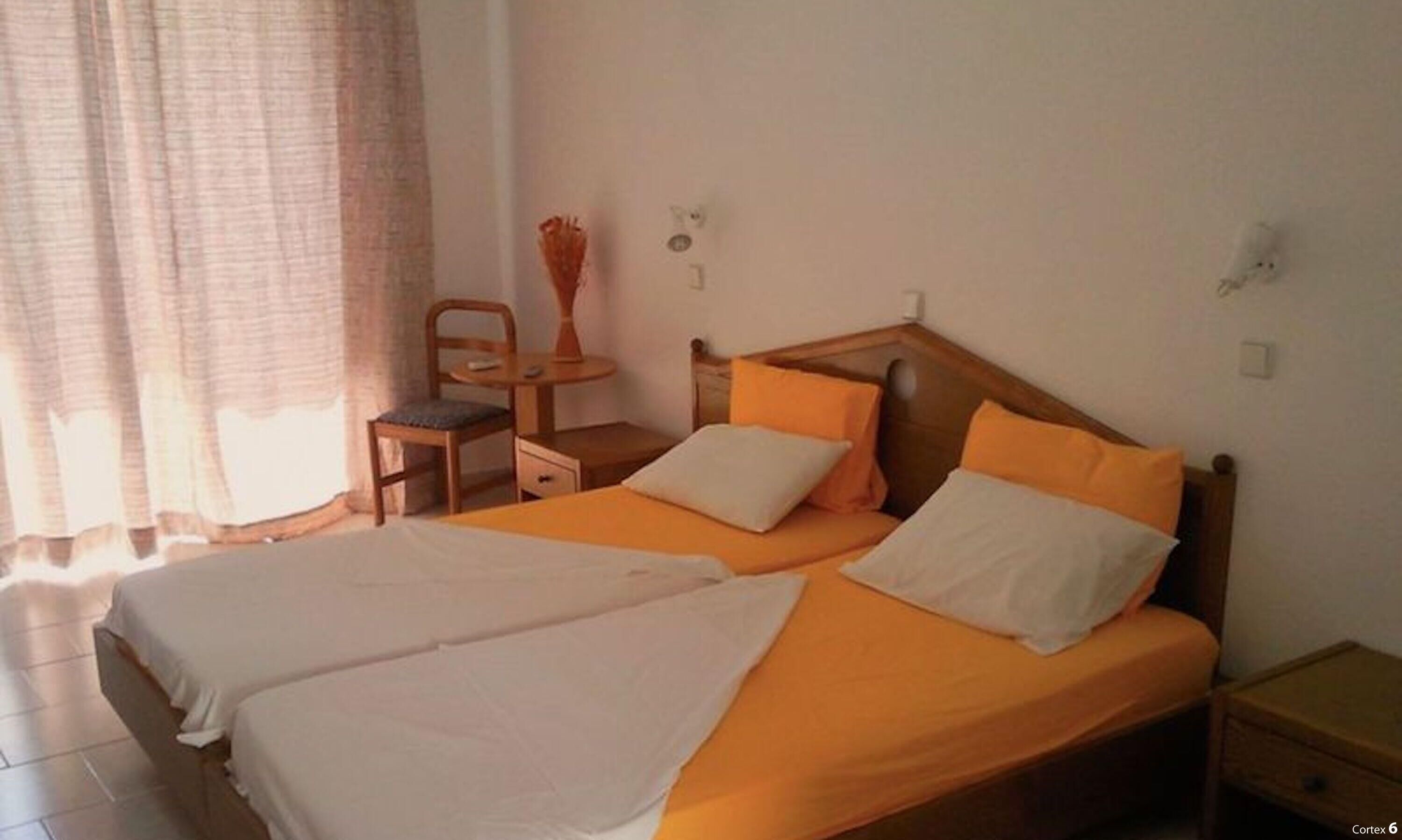 A double bed with two pillows, a wooden nightstand, a chair, and a small table with a vase.