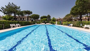 Ein rechteckiger Pool mit klarem, blauem Wasser, umgeben von weißen Liegestühlen und Grünpflanzen.