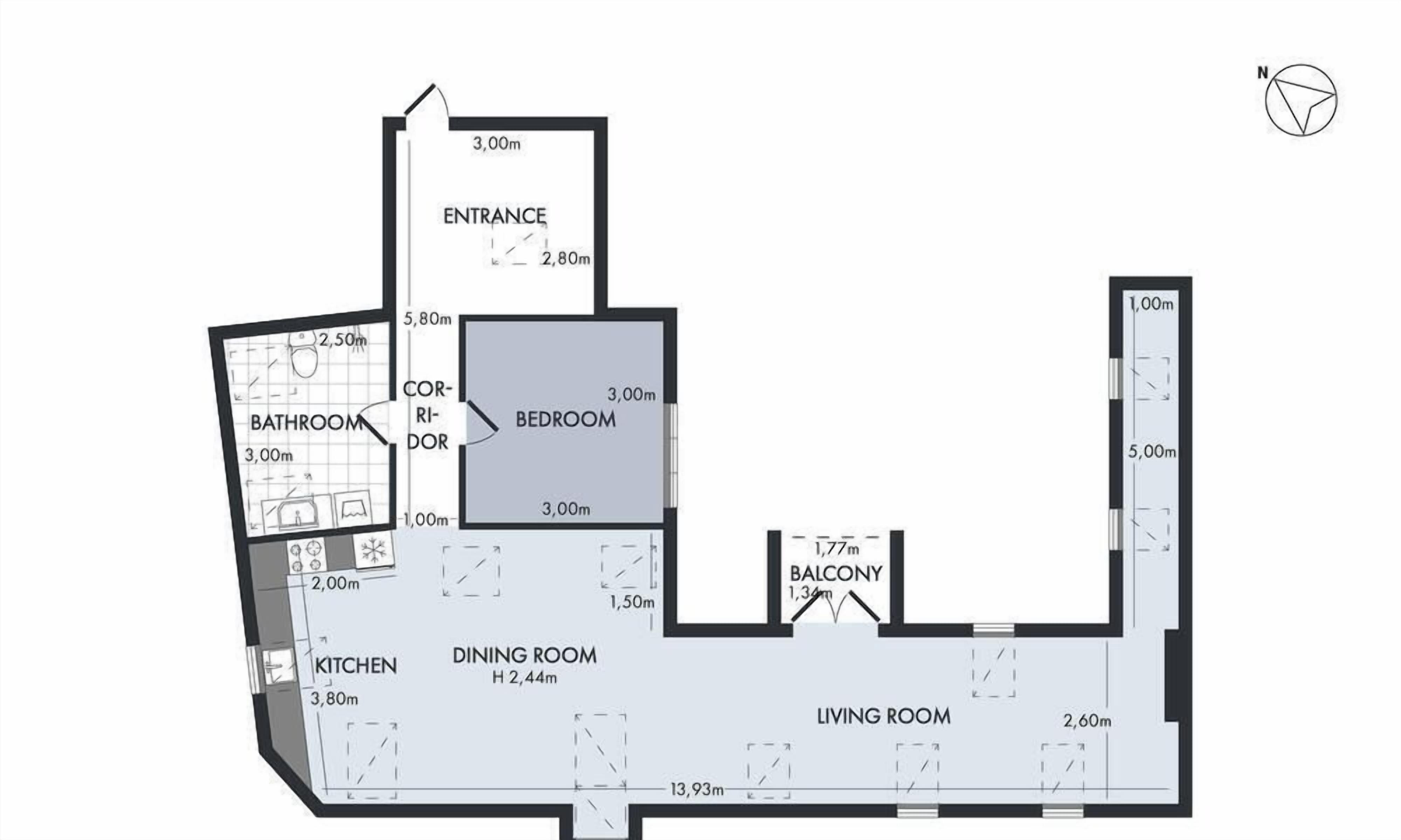 A floor plan with a bedroom, bathroom, dining room, kitchen, living room, balcony, and entrance.