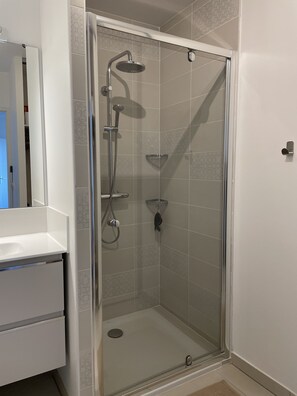 Shower, hair dryer, towels
