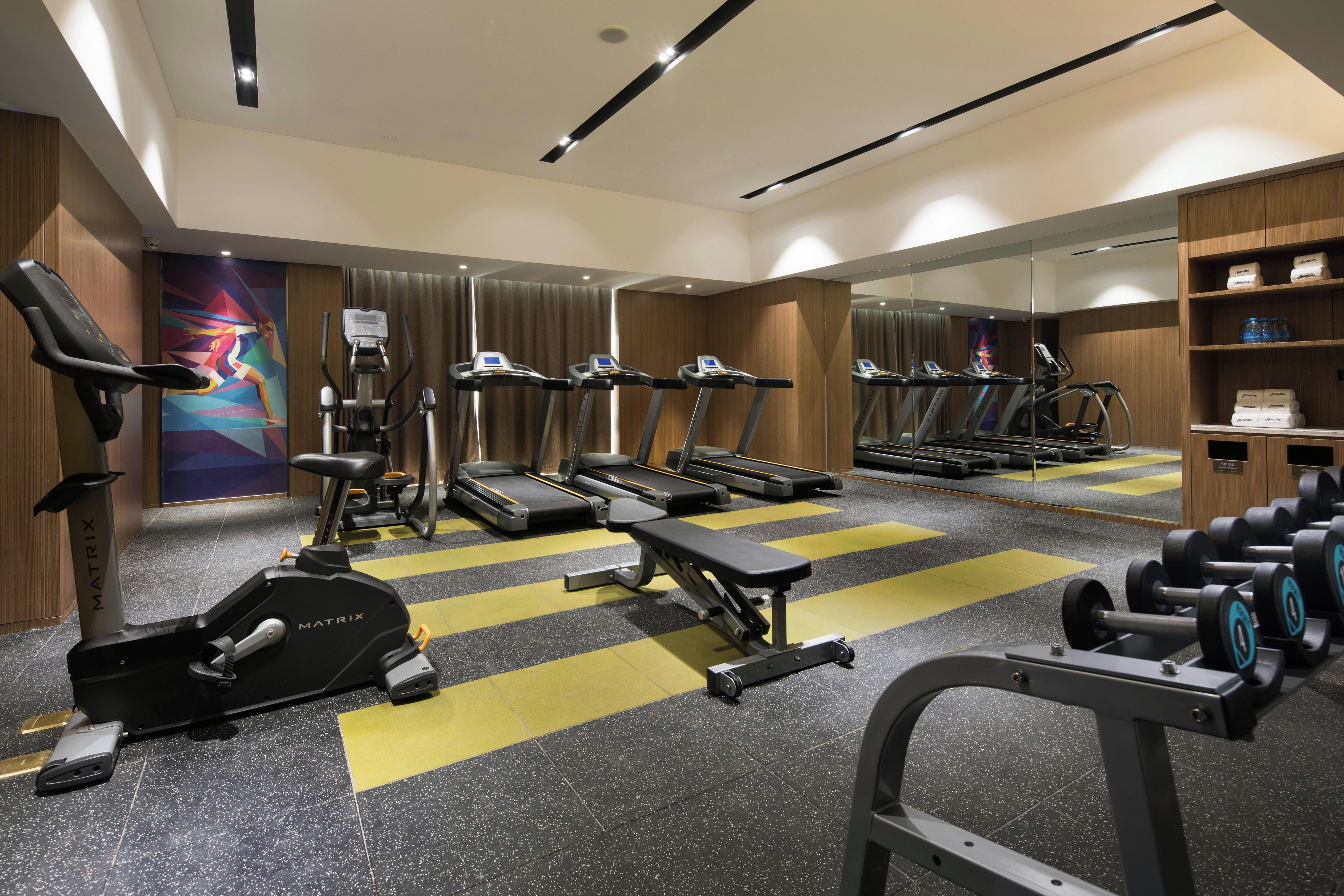 A gym with treadmills, an elliptical, a bench press, and dumbbells.