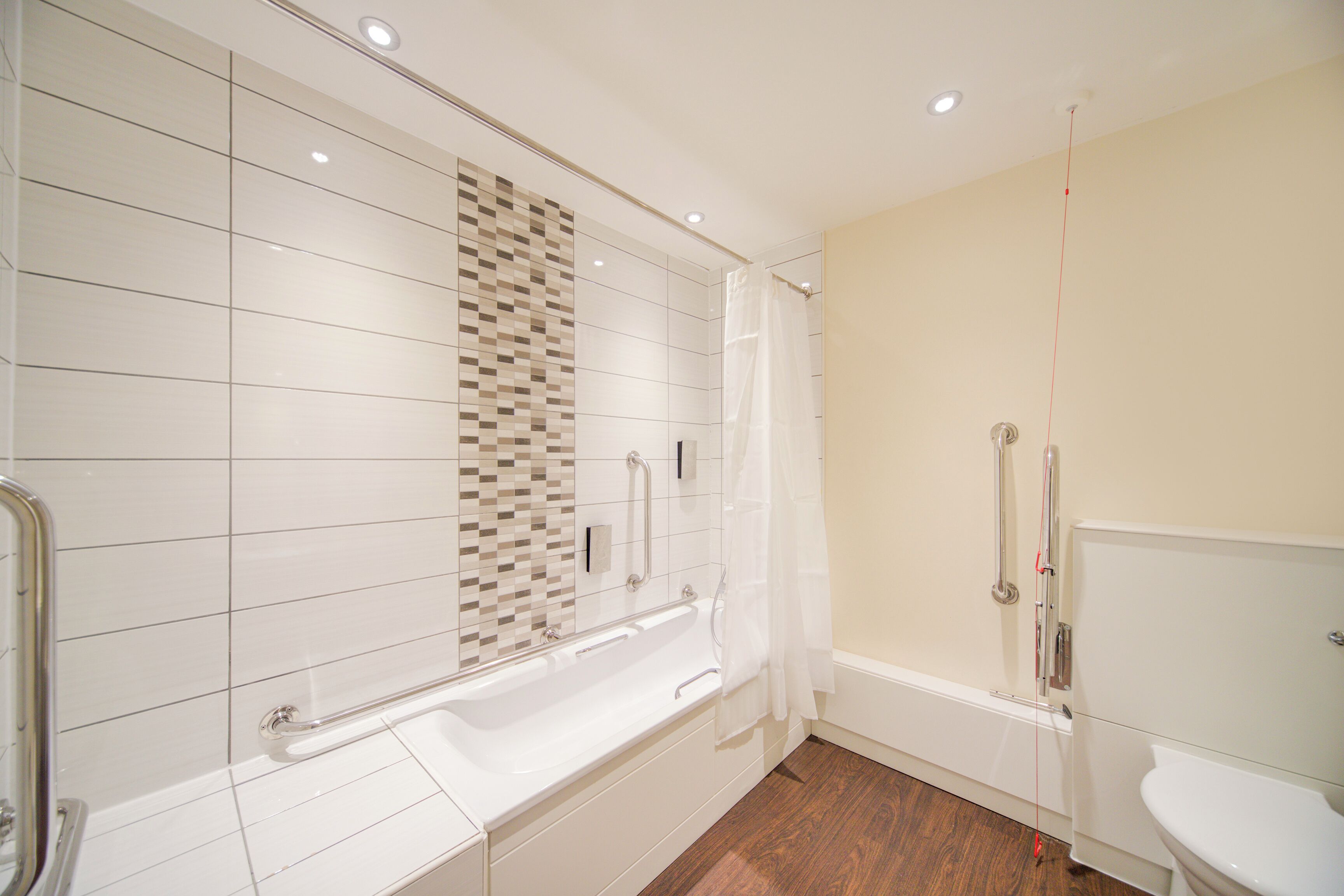 A modern bathroom with a bathtub, shower, and toilet.