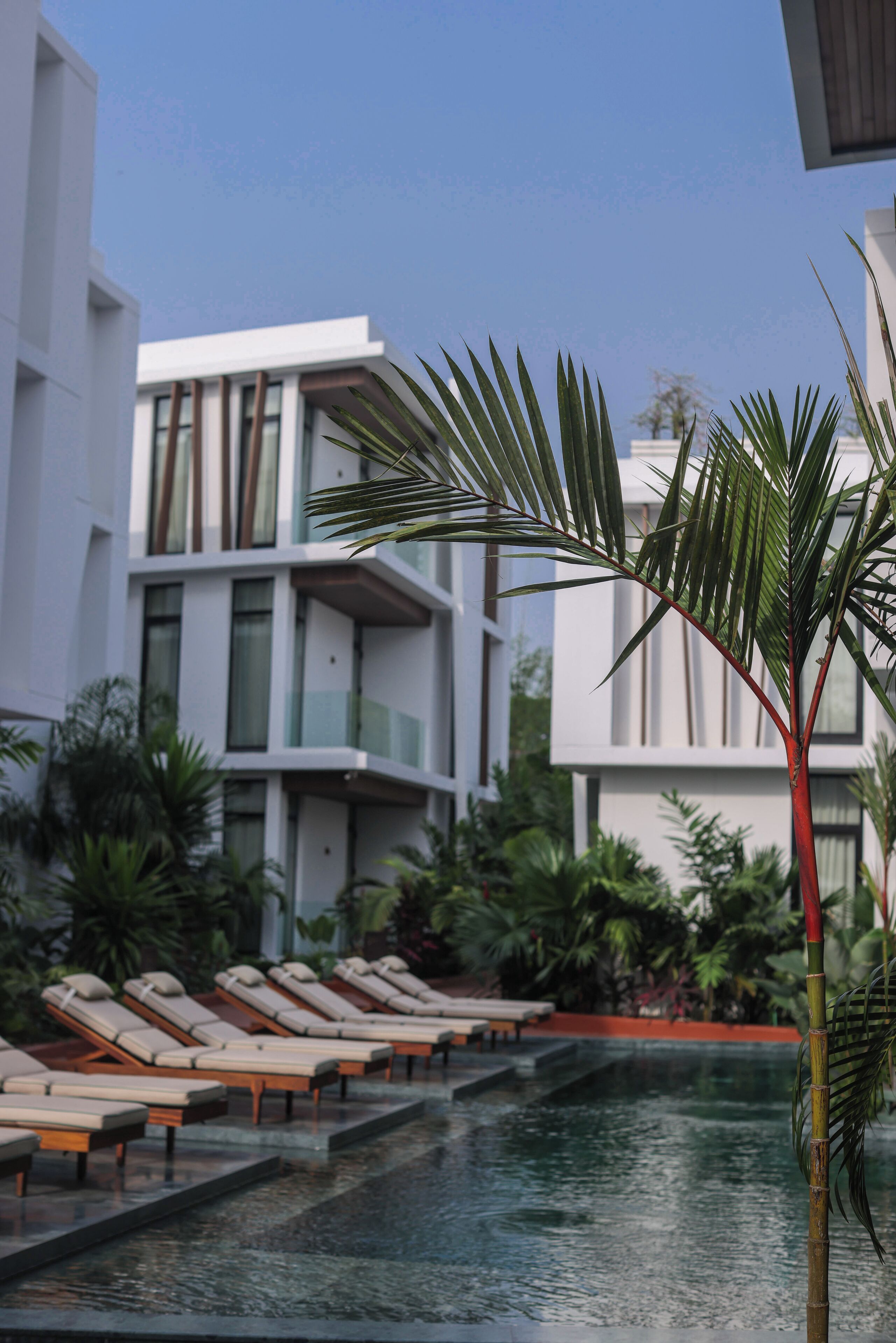 A modern hotel with a pool area, lounge chairs, and a well-maintained garden.