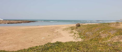 On the beach, sun-loungers, beach towels