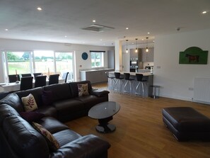 Smart TV, fireplace, books