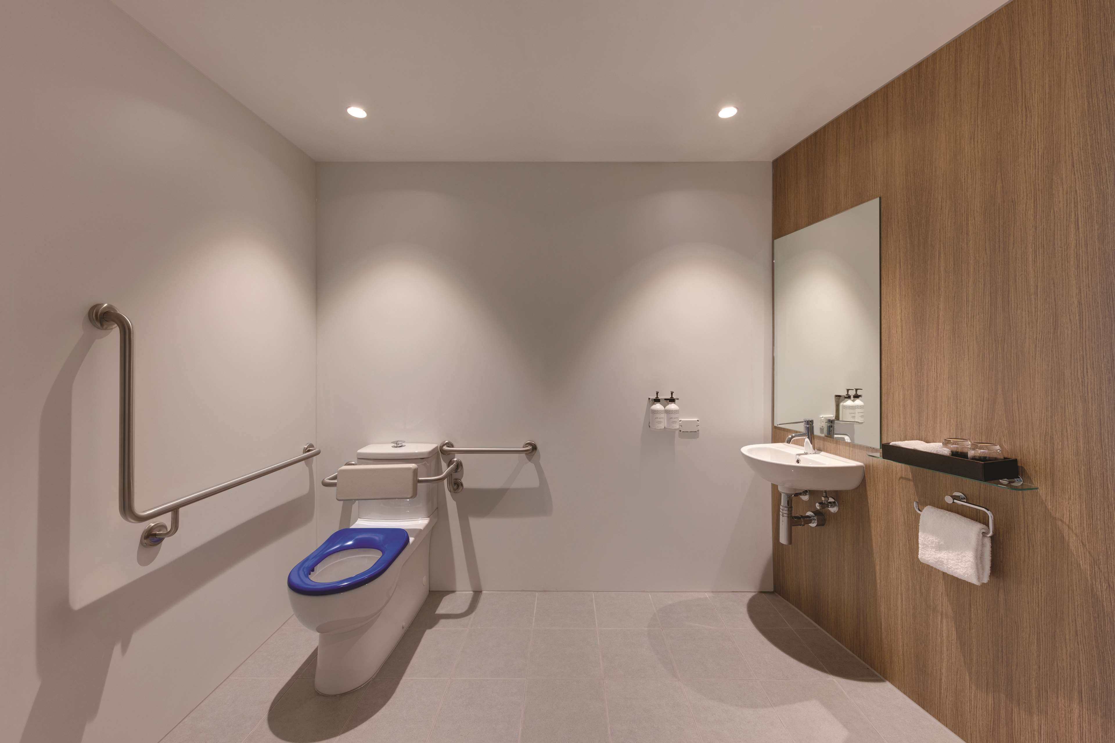 Et stilfuldt badeværelse med toilet, vask og spejl.