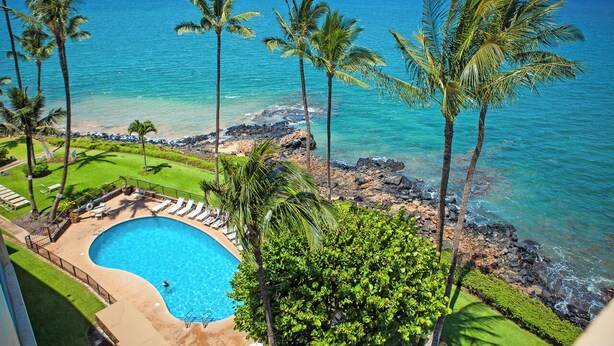 A swimming pool with lounge chairs and palm trees, overlooking a beach with clear blue water and rocky shoreline.