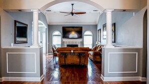 Smart TV, fireplace, video games, DVD player