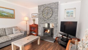 A living room with a stone fireplace, a sofa, a coffee table, a TV, and a bookshelf. - 17 Clover Hill (Killorglin)