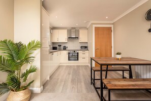 Classic Apartment | Private kitchen | Full-size fridge, microwave, oven, stovetop