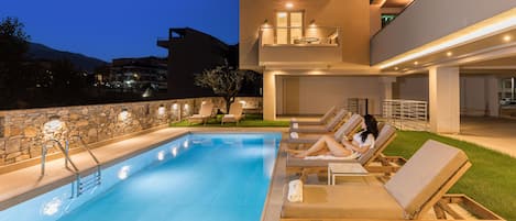 Seasonal outdoor pool, pool loungers