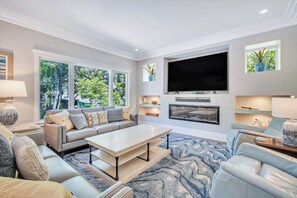 Smart TV, fireplace, DVD player, books