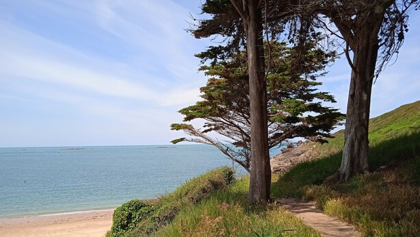 Camí costaner que condueix a una platja amb vista clara al mar i a paisatges llunyans.