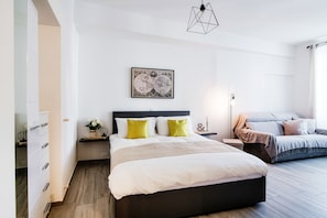 Apartamento urbano | 1 quarto, roupas de cama premium, edredons de pluma, cortinas blackout