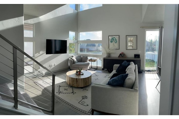 Tv, eldstad och ett bordtennisbord