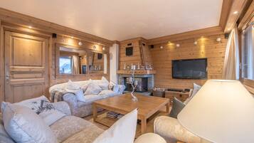 Televisie, een open haard, een dvd-speler en boeken