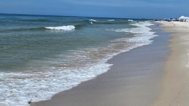 Una playa con olas, cielo despejado y orilla arenosa.