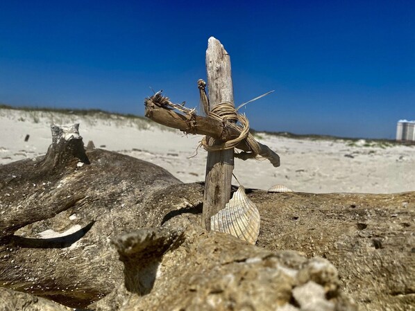 A wooden post with a shell attached, surrounded by driftwood and shells on a sandy beach.