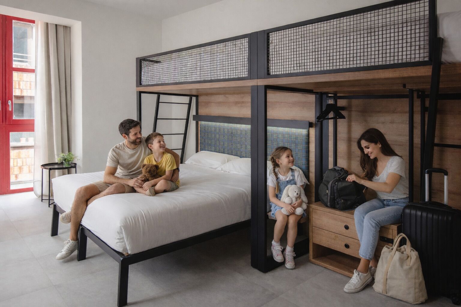 Une chambre avec un lit superposé, une fenêtre, une petite table et une valise.