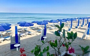 A beach with rows of blue umbrellas and sun loungers.