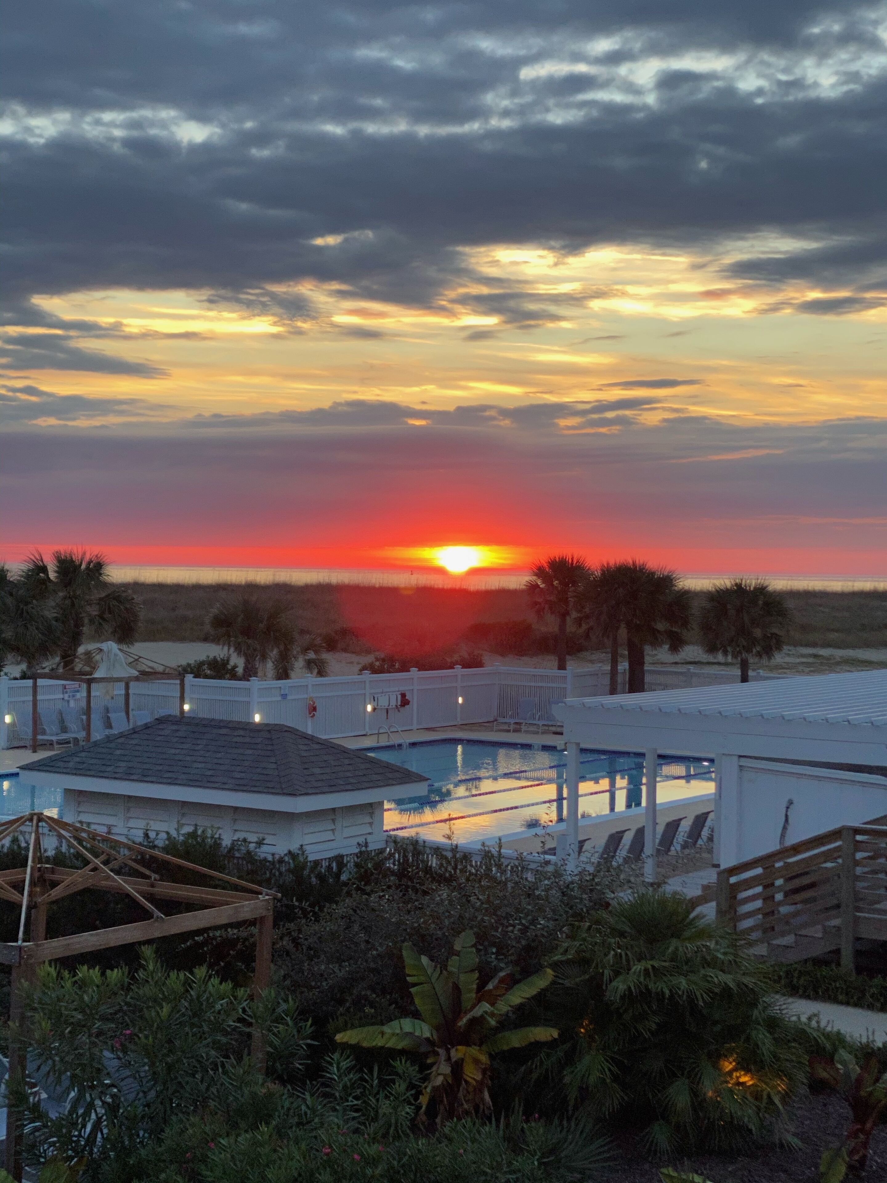 A pool area with a sunset view, surrounded by palm trees and a wooden deck.