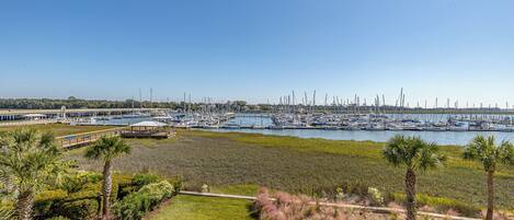 A marina with numerous boats docked, surrounded by grassy areas and palm trees.