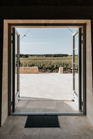 A doorway leading to a vineyard with a clear view of the rows of grapevines. - Château La Grande Clotte (Lussac)