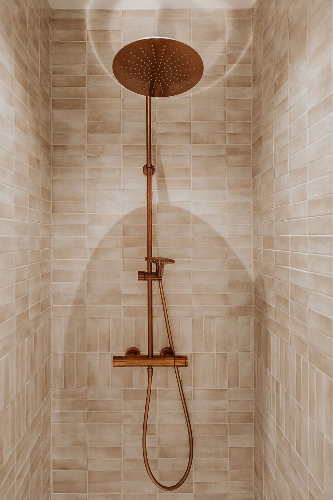 Een douche met een handdouche en een regendouche.