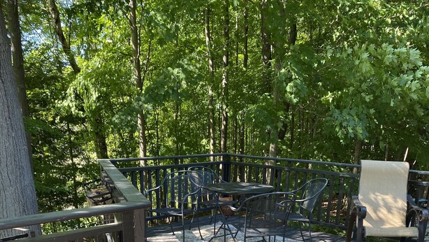 A wooden deck with wicker furniture and metal chairs, surrounded by trees.