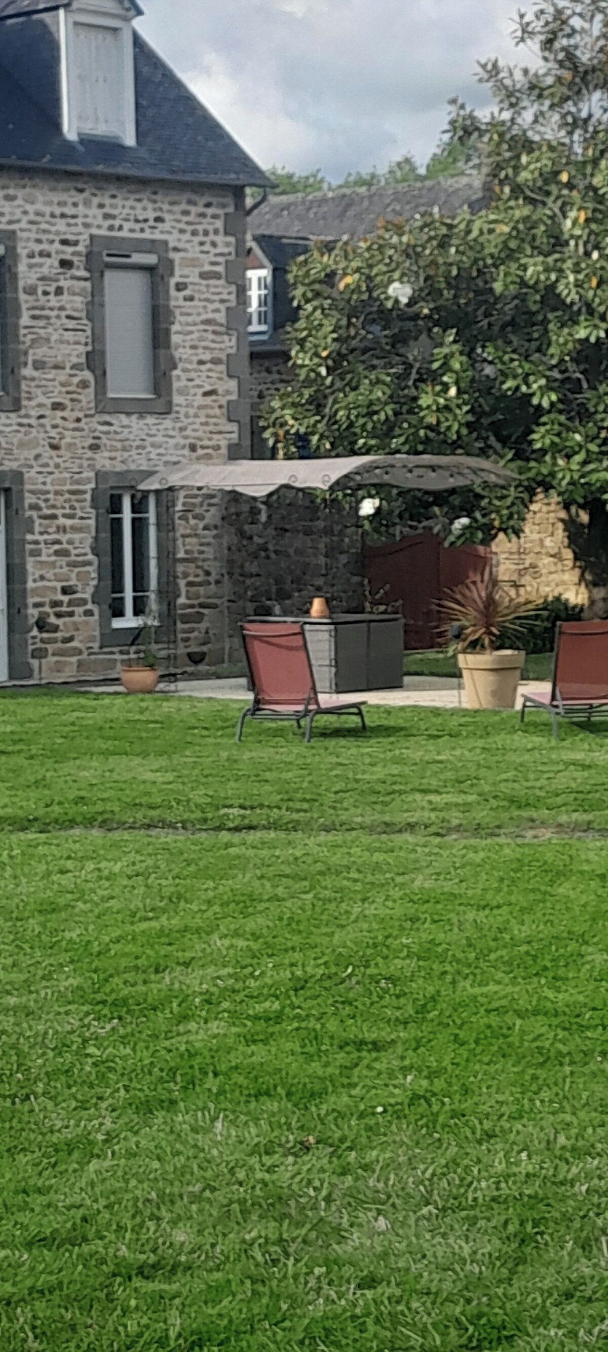 A stone house with a grassy yard, outdoor seating, and a large tree.