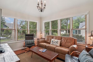 Smart TV, fireplace, DVD player, books