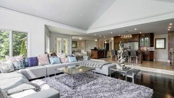 Smart-TV, Kamin, Bücher, Stereoanlage