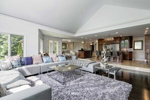 Smart TV, fireplace, books, stereo