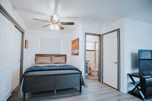 1 bedroom, desk, iron/ironing board, travel cot