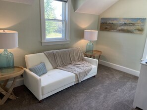 Smart TV, fireplace, books